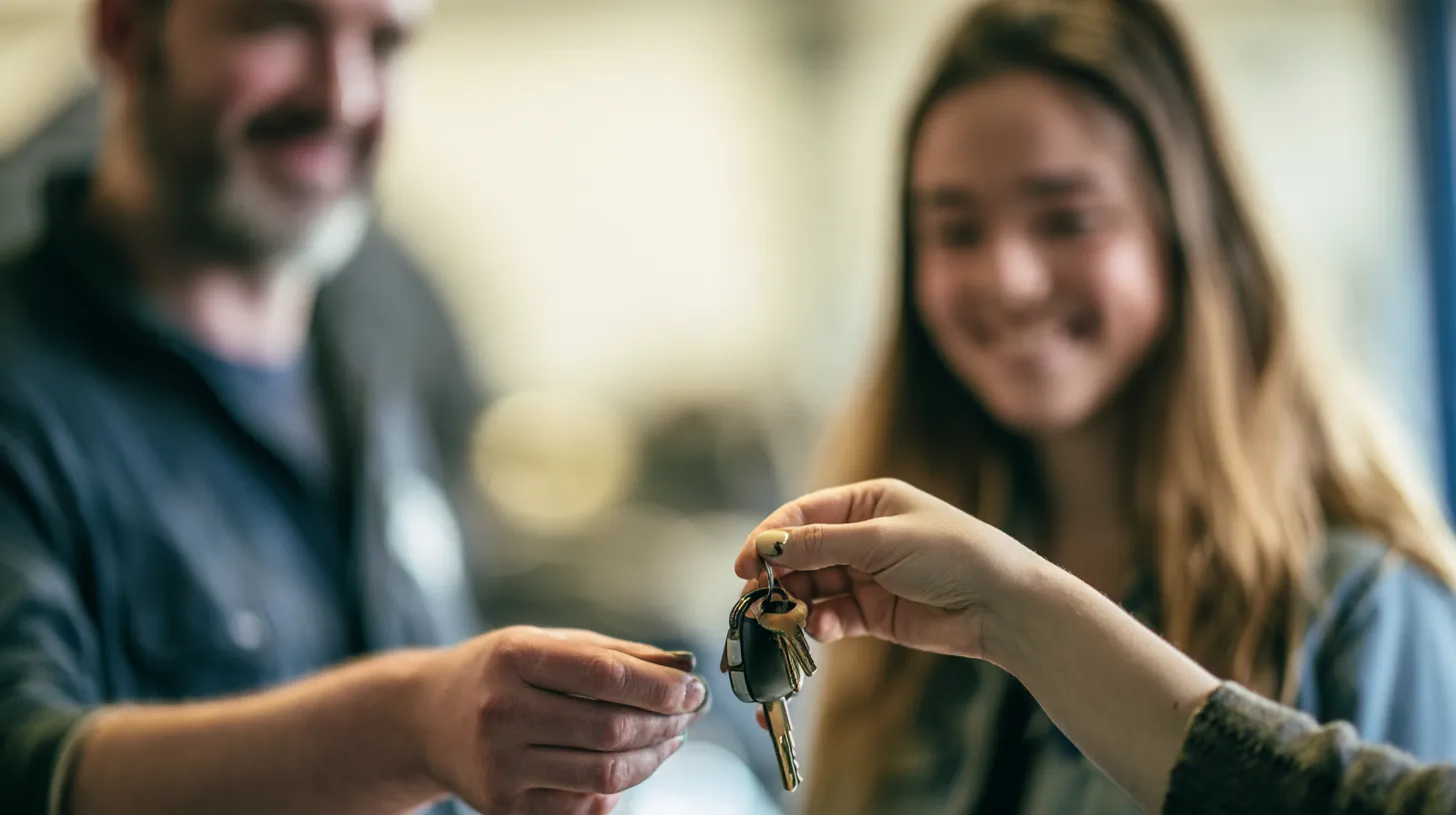 Mechanic handing car keys to a young driver after a repair paid with a $1,000 loan