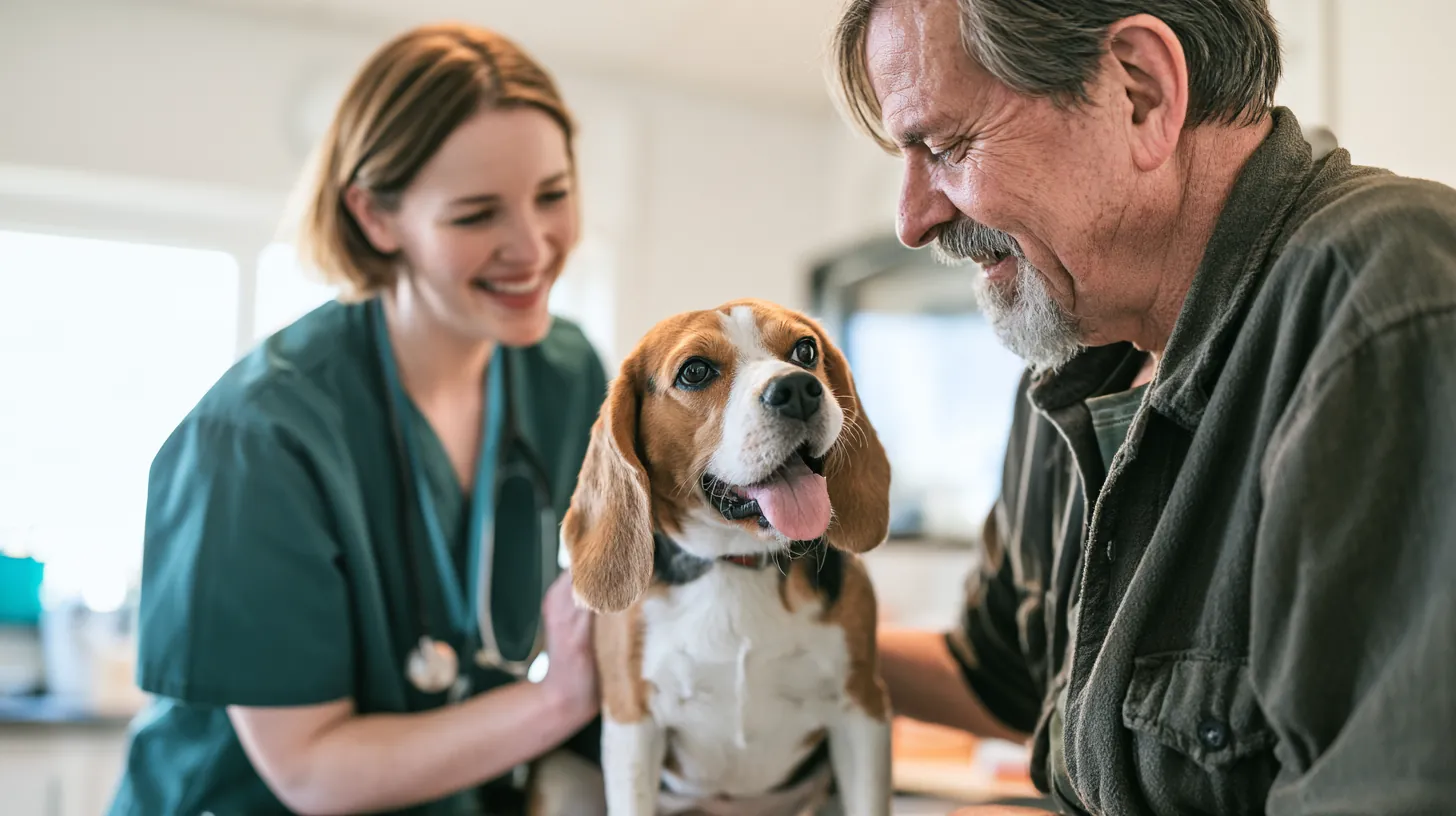 Veterinarian examining a beagle while its owner watches, a bill a $2,000 loan can cover