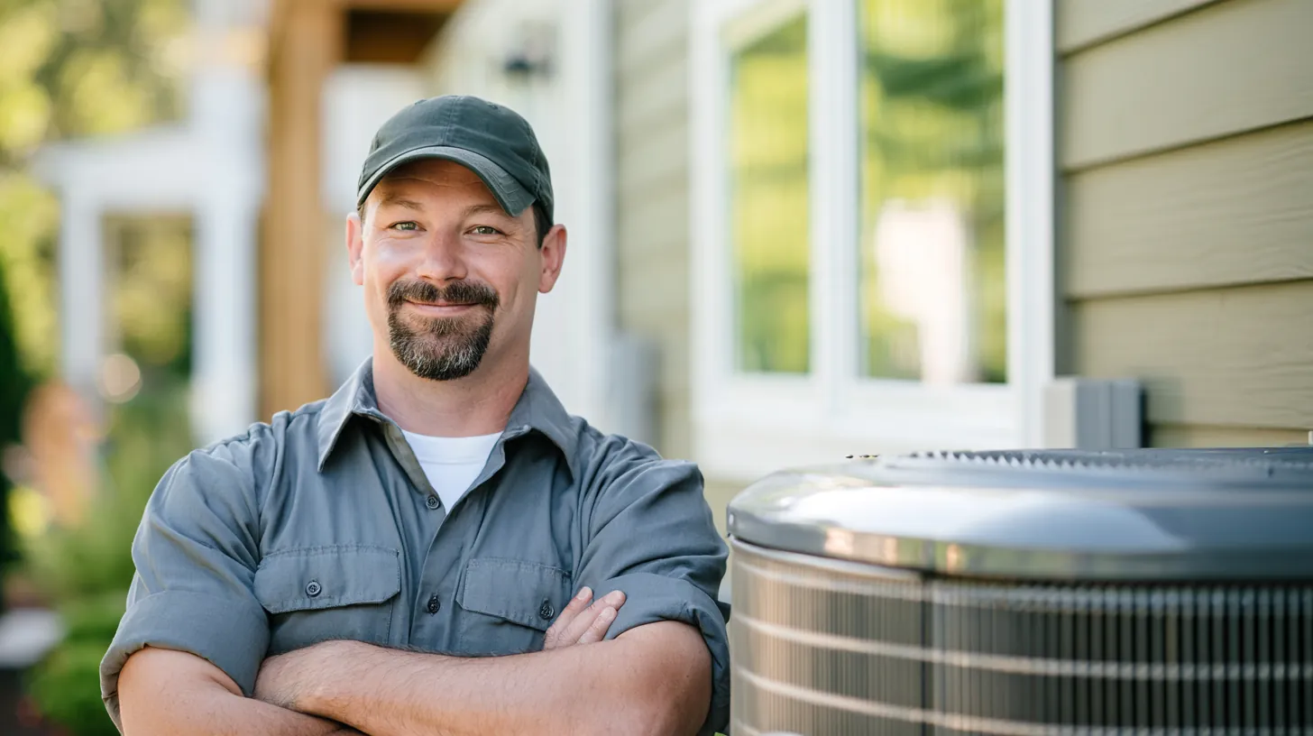 HVAC technician beside an outdoor air conditioner, a repair often paid with a $2,500 loan