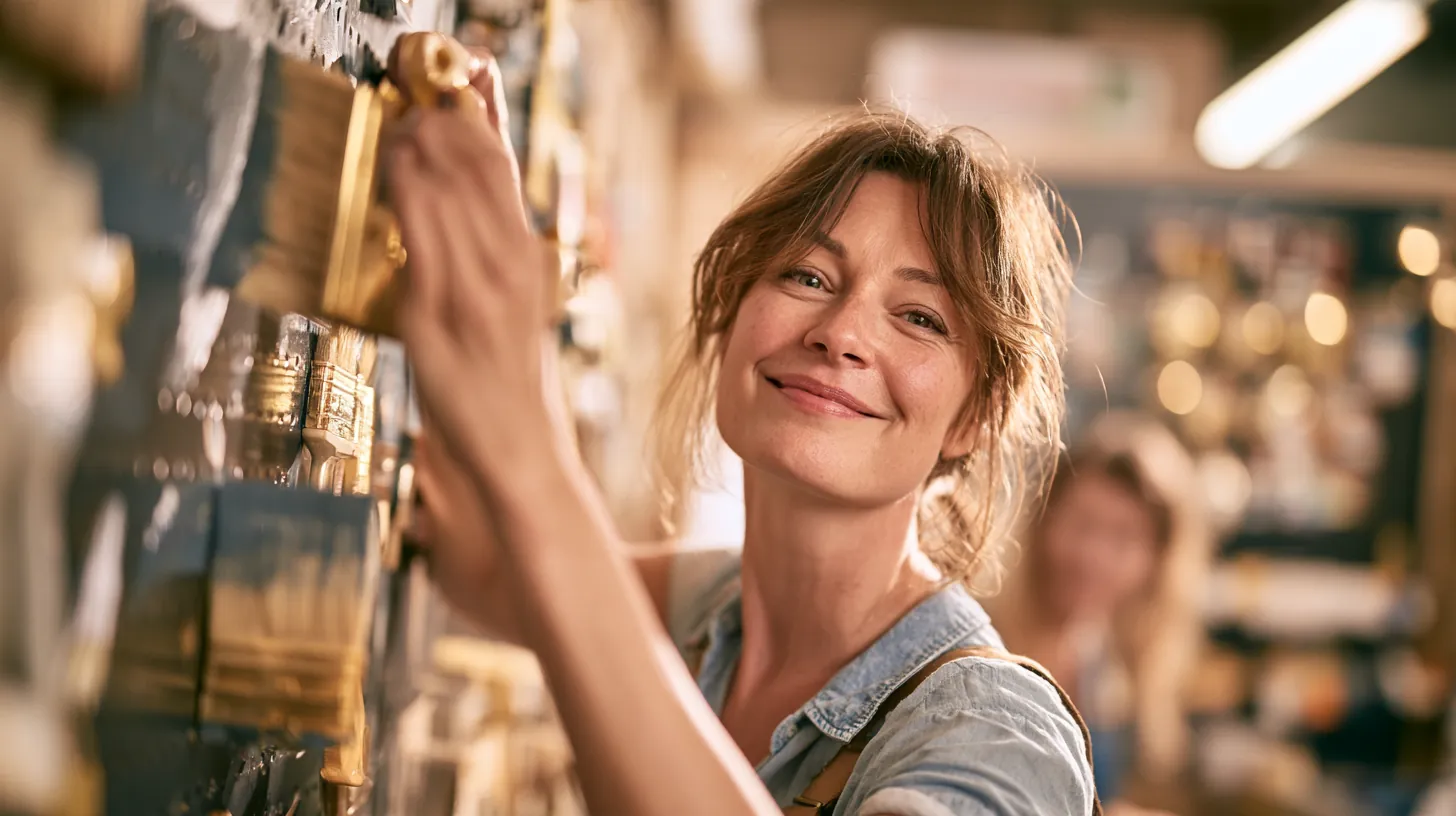Hardware store owner hanging paintbrushes on a pegboard display