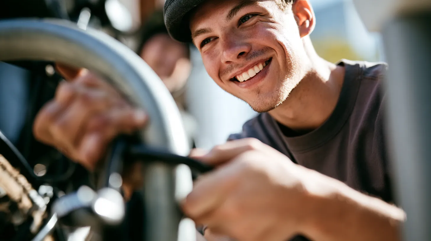Bike courier smiling while working on his bicycle before starting a personal loan request
