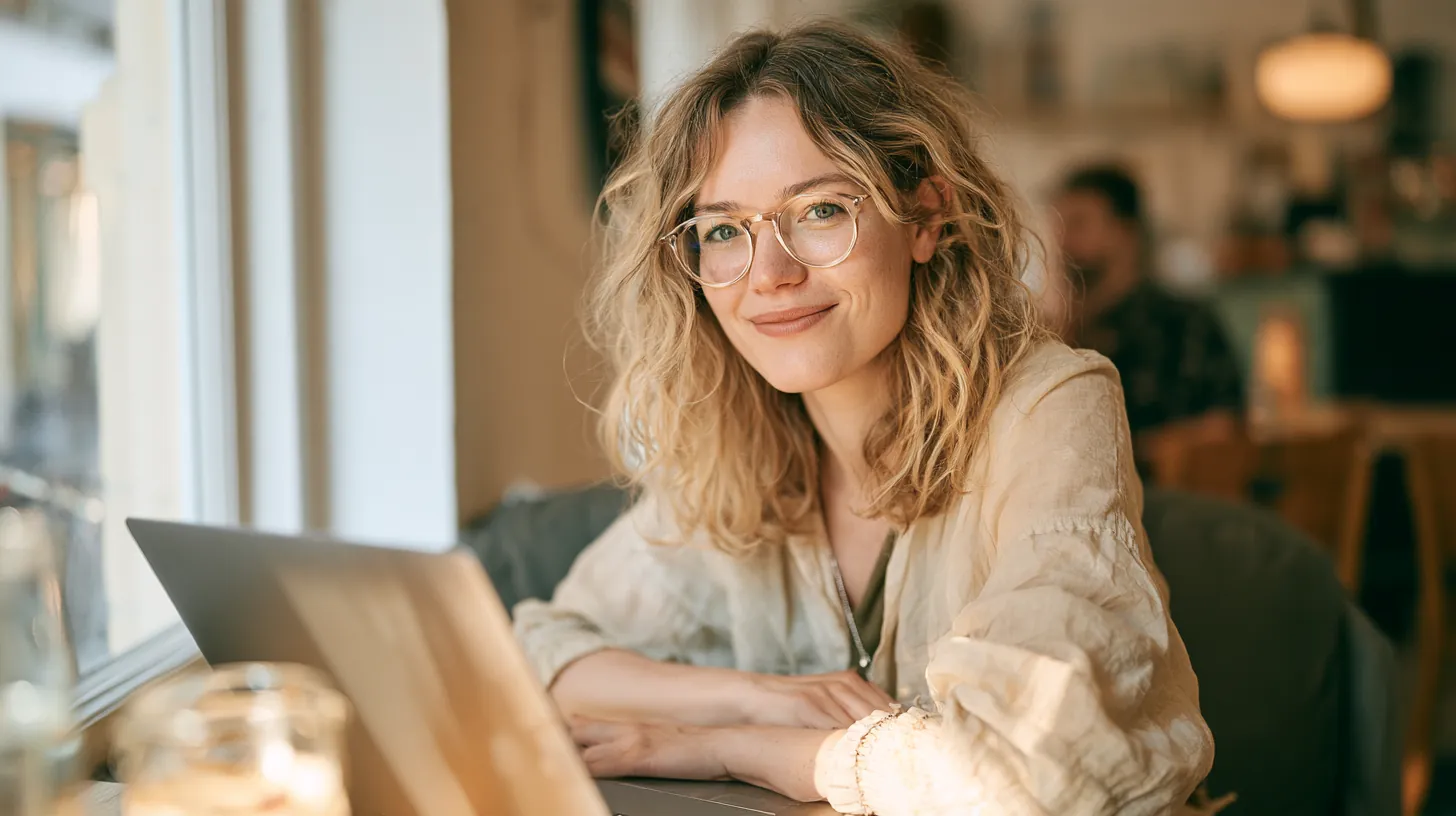 Woman at a cafe window with her laptop, comparing personal loan offers from a bank and an online lender