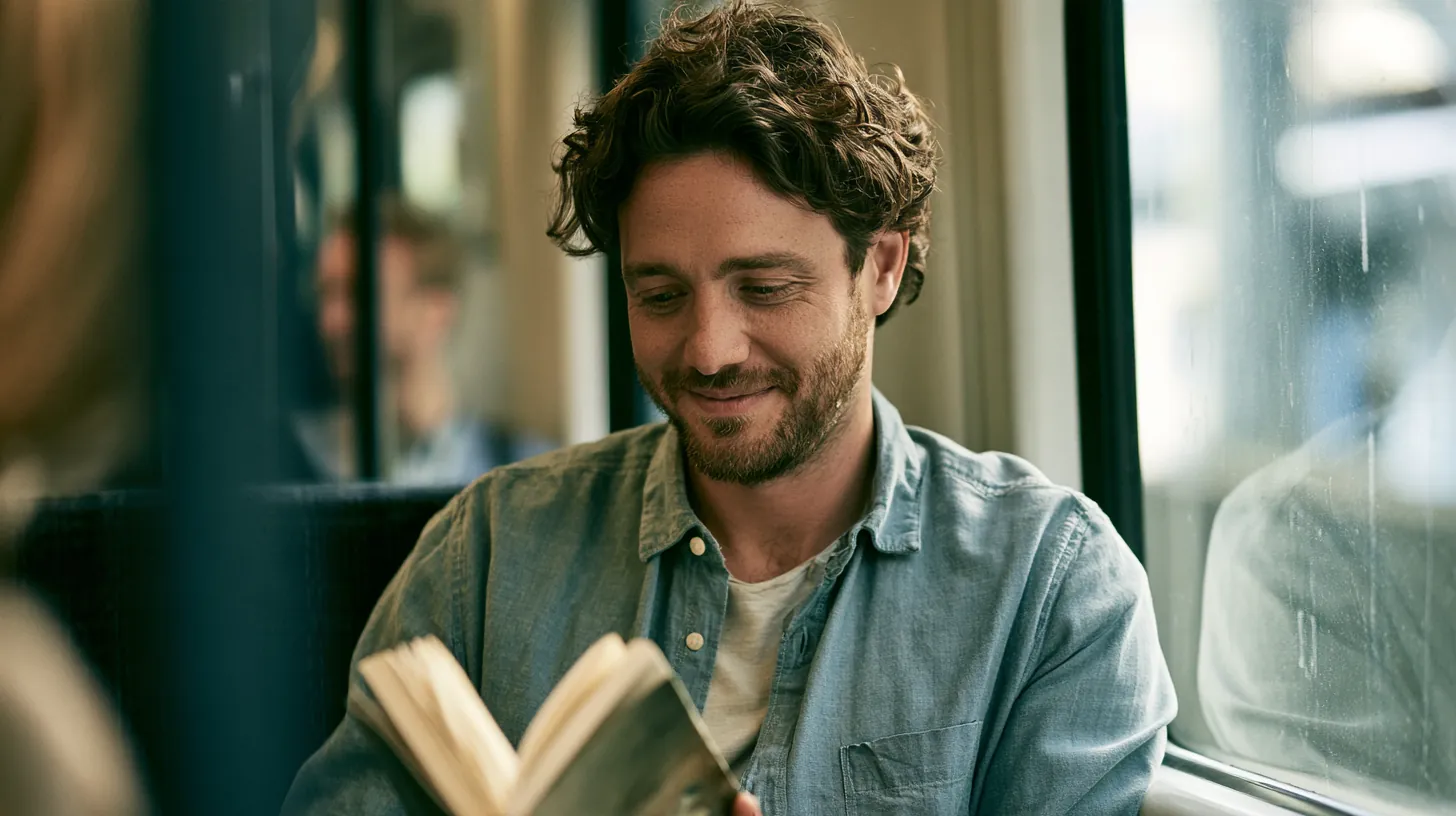 Commuter reading on a train, a borrower researching personal loans
