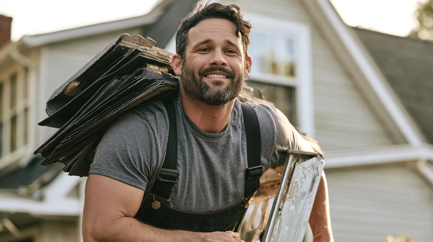 Roofer carrying shingles up a ladder, a roof repair paid with a personal loan