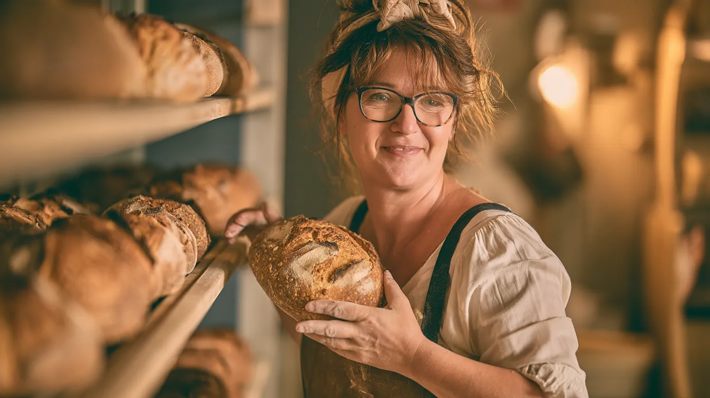 Baker holding a fresh loaf in her bakery, a small business owner comparing personal loan lenders