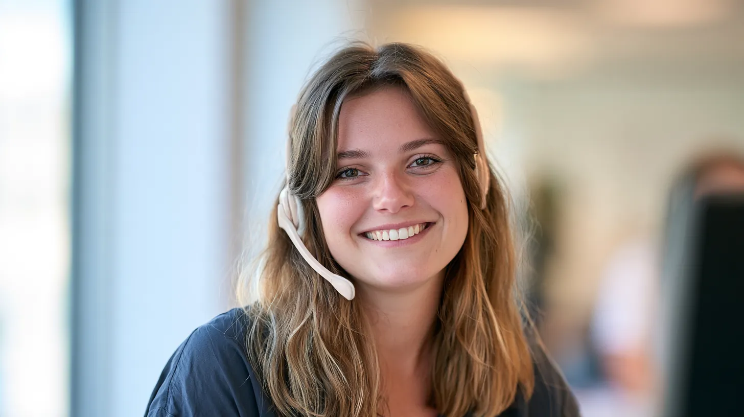 Support specialist with a headset smiling in a bright office
