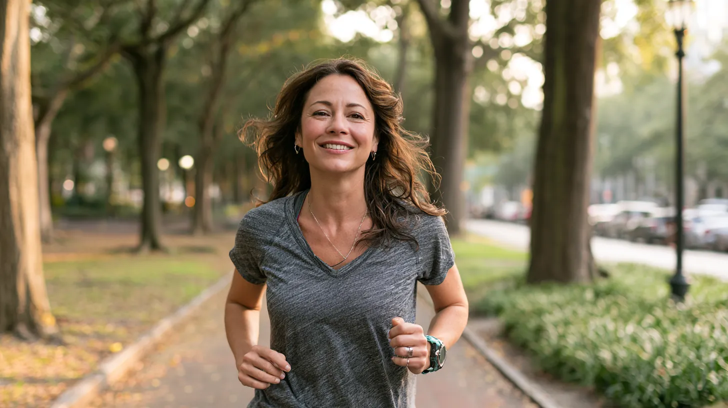 Woman jogging on a city park path after consolidating card balances with a personal loan