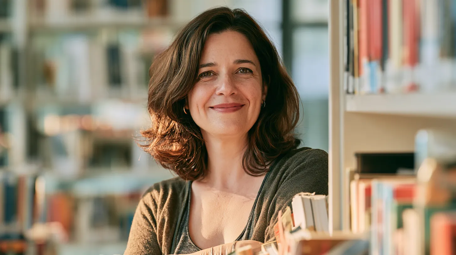 Librarian smiling between shelves, answering personal loan questions