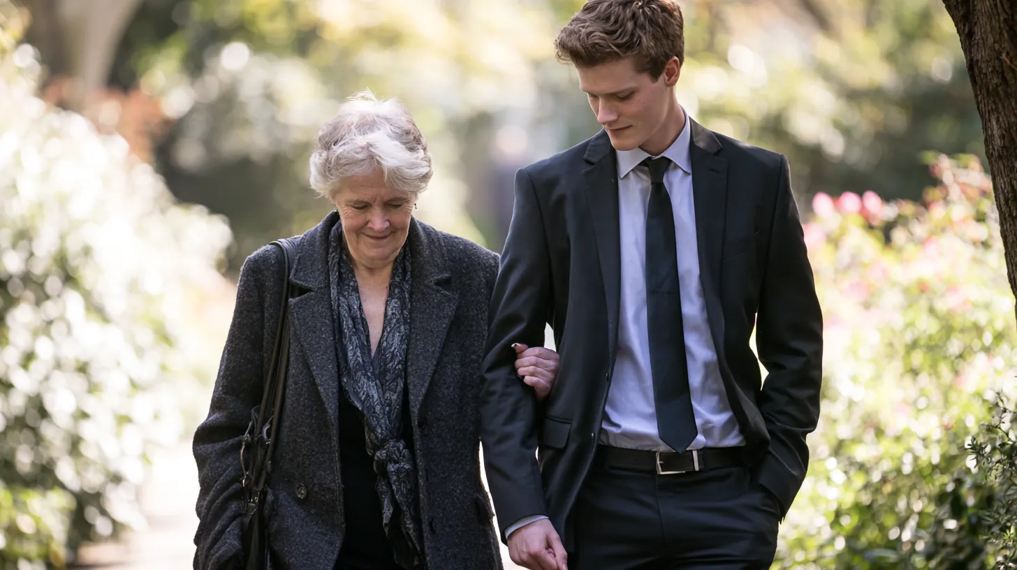 Mother and adult son in a chapel garden after a memorial, a family covering funeral costs with a personal loan