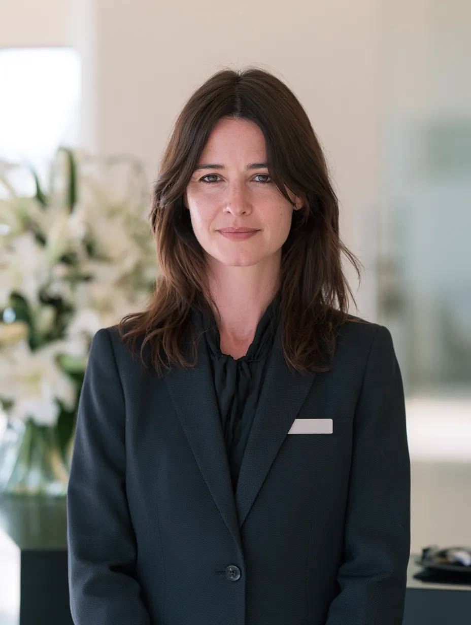 Funeral director in a reception room with white lilies, for families paying funeral costs