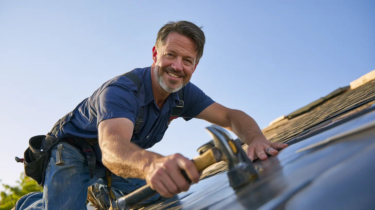 Roofer nailing new shingles, a home repair many owners cover with a personal loan