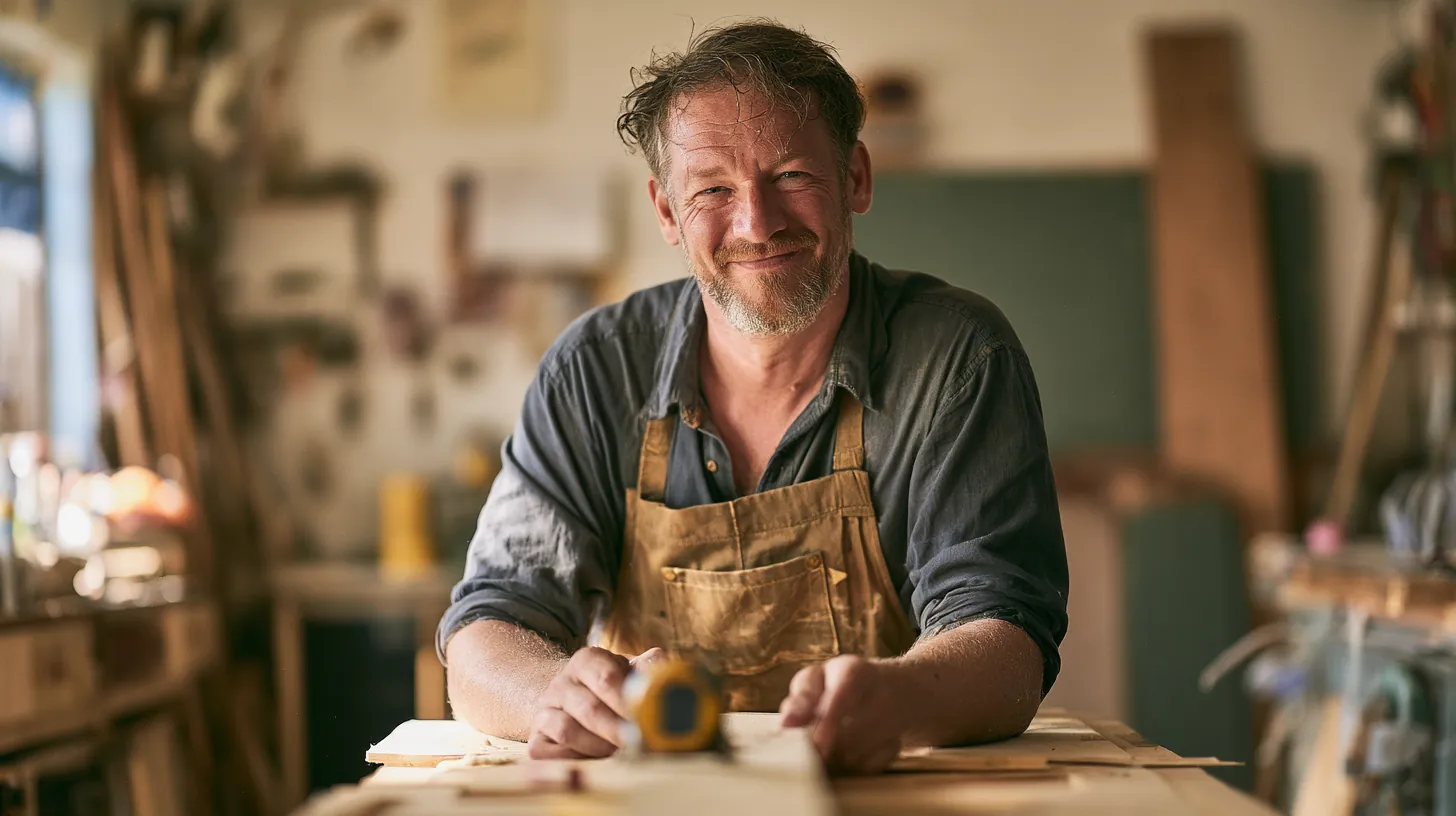Carpenter measuring a board in his home workshop