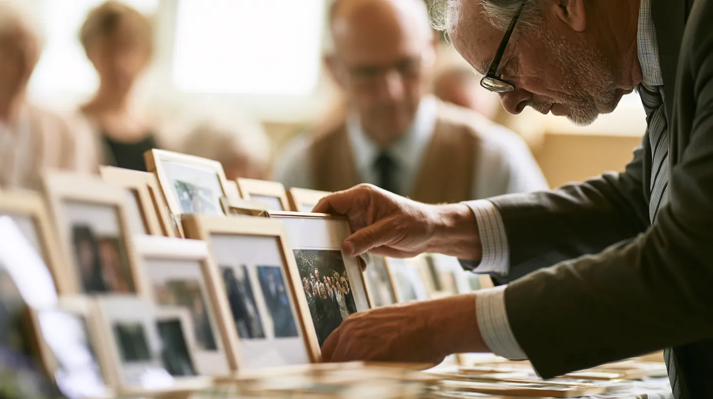 Man arranging framed family photos on a memorial table, planning funeral costs and a personal loan
