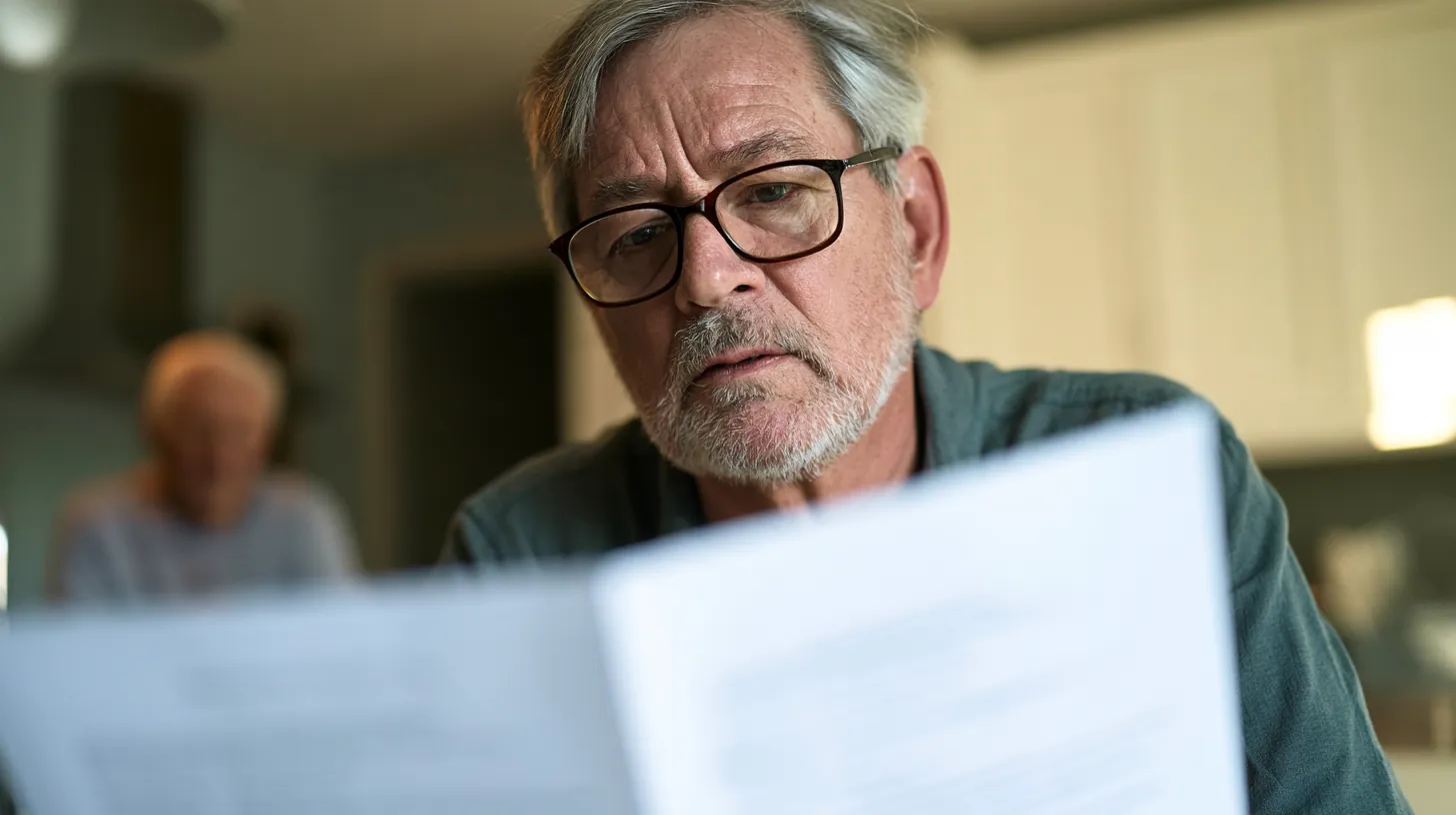 Older man in glasses reading a printed personal loan disclosure at his kitchen island