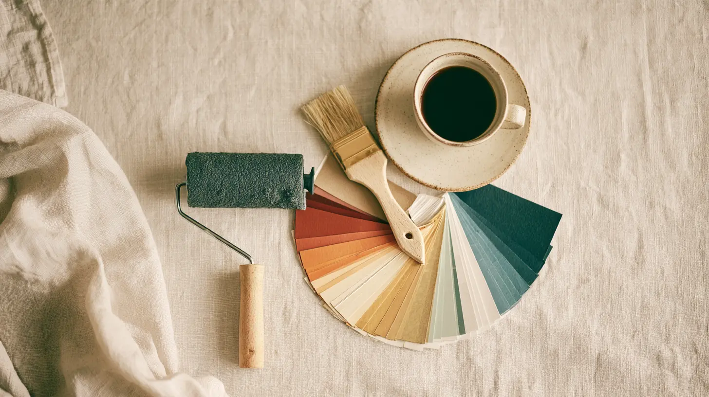 Paint roller and color swatches beside a coffee cup, planning a project with a personal loan calculator