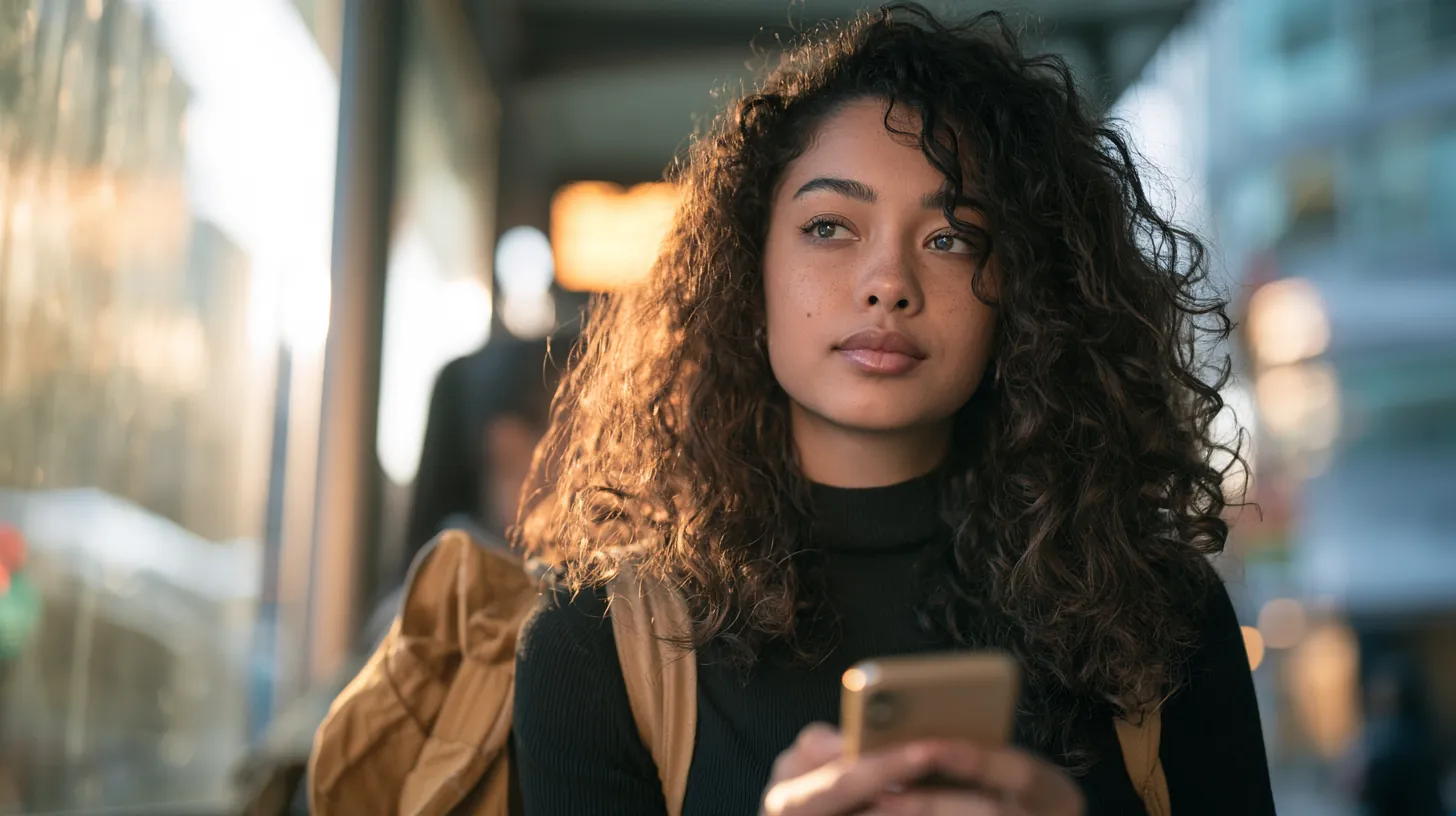 Young woman holding her phone at a bus stop, comparing a cash advance app with a personal loan