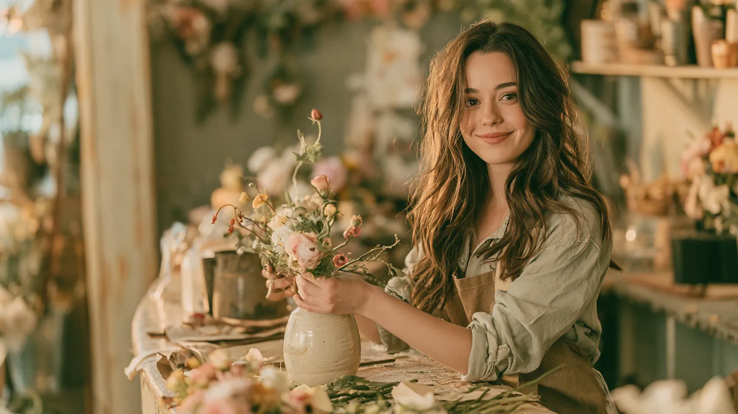 Florist arranging flowers at her shop counter, weighing a personal loan against a line of credit