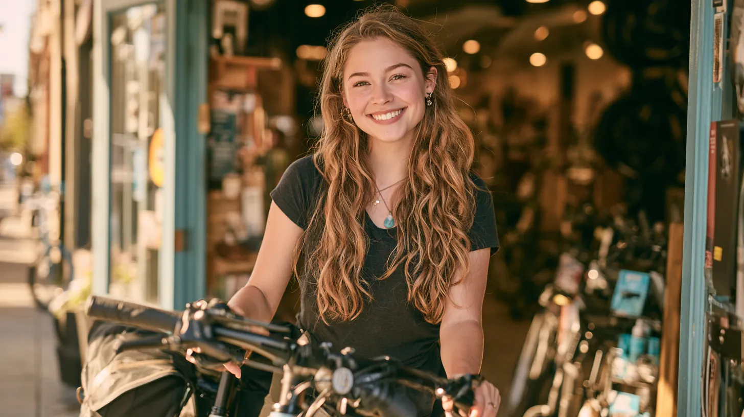 Young woman wheeling a new commuter bike out of a bike shop, a purchase people cover with earnest personal loans