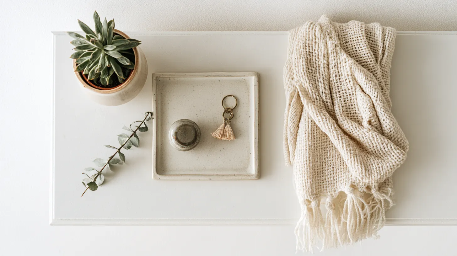 Entryway console with a ceramic tray, a key ring and a folded scarf