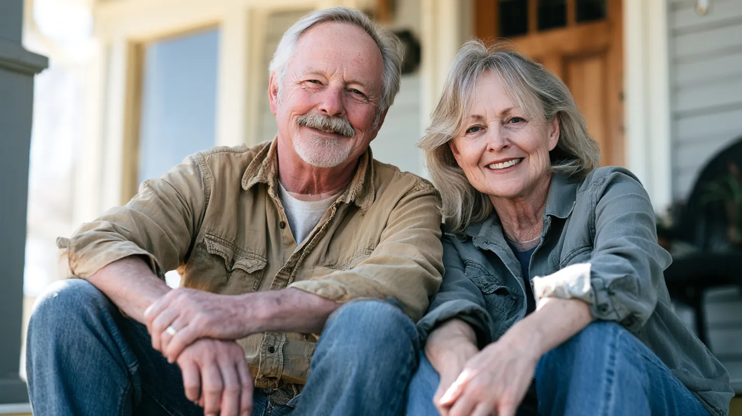 Older couple smiling on their front porch after comparing earnest personal loans