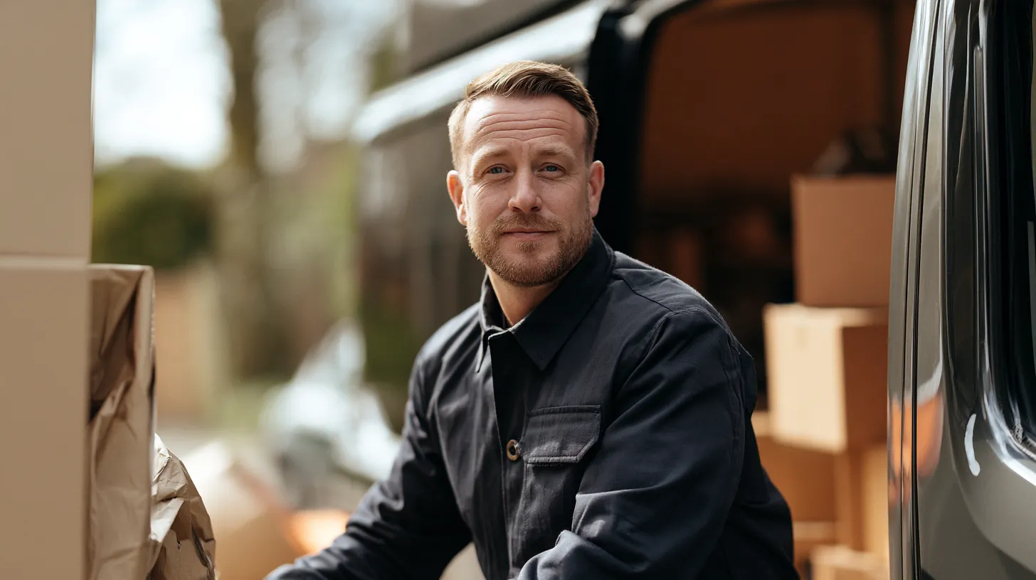 Delivery driver beside his van, deciding between a short personal loan and a late bill