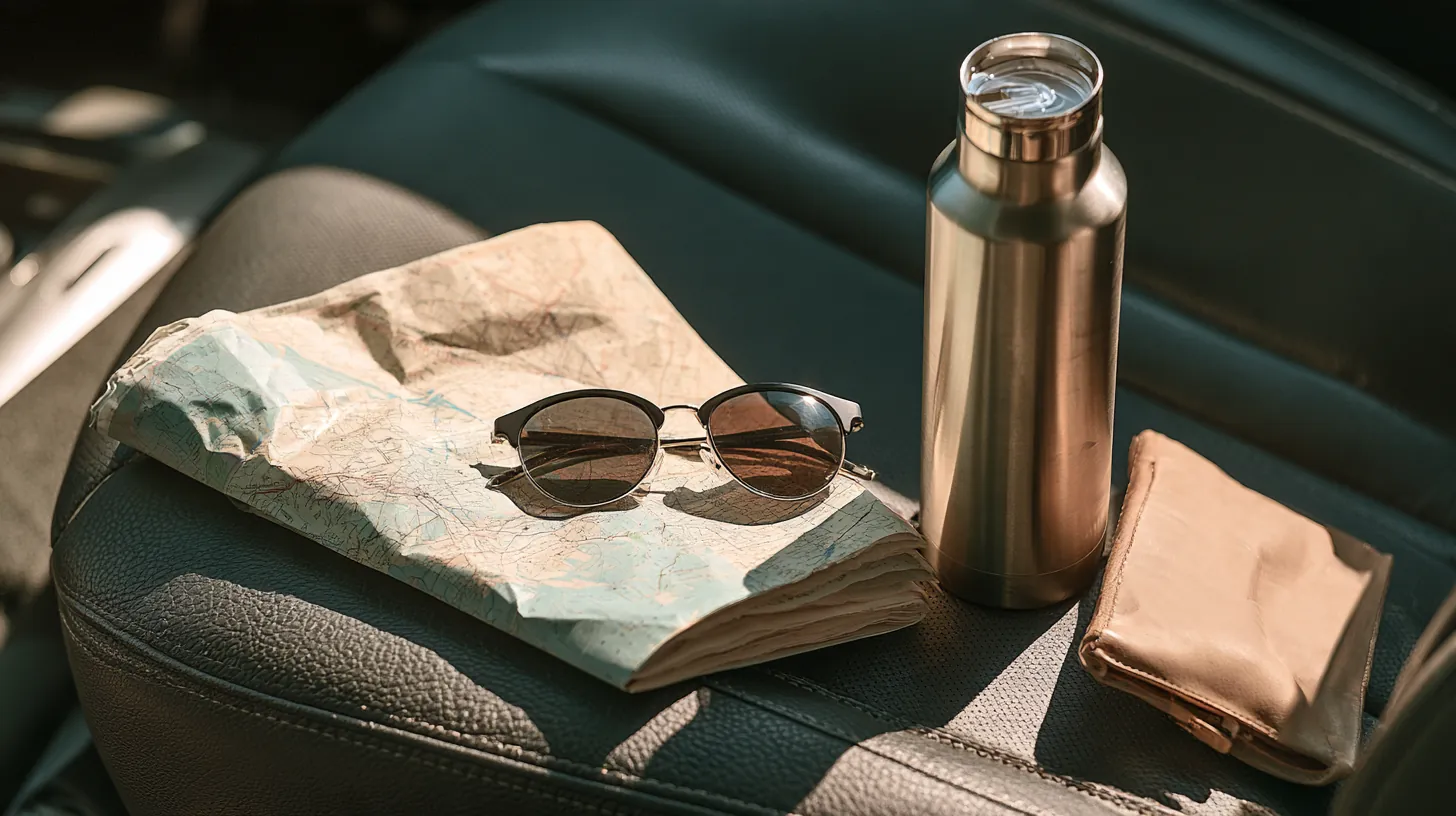 Folded map, sunglasses and water bottle on a car seat
