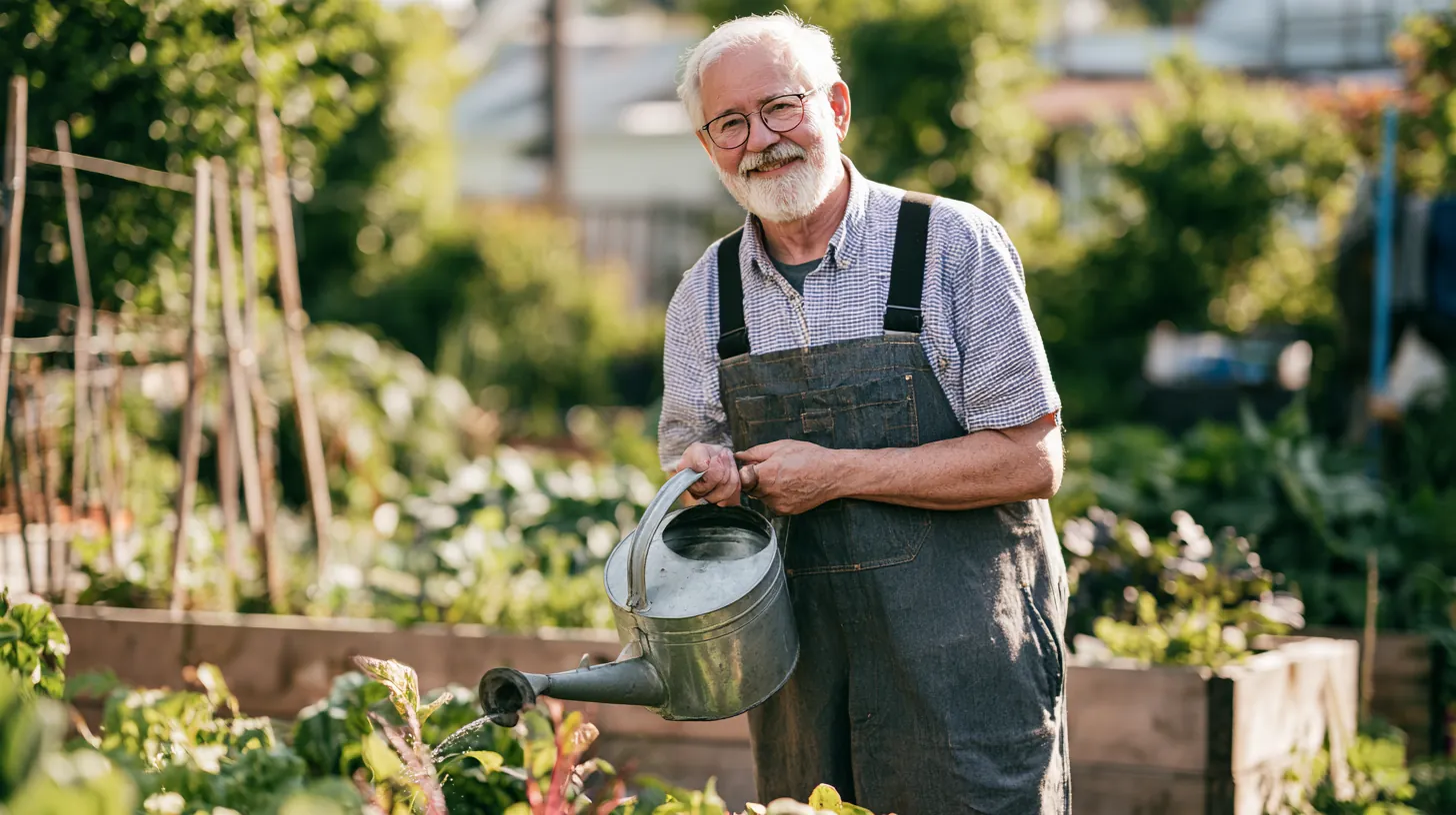 Volunteer watering raised vegetable beds in a community garden